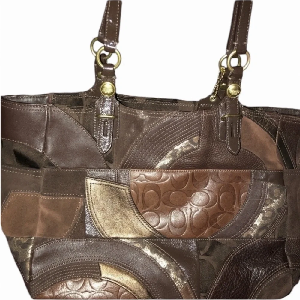 Coach brown leather mixed media patchwork handbag with gold hardware hang tag